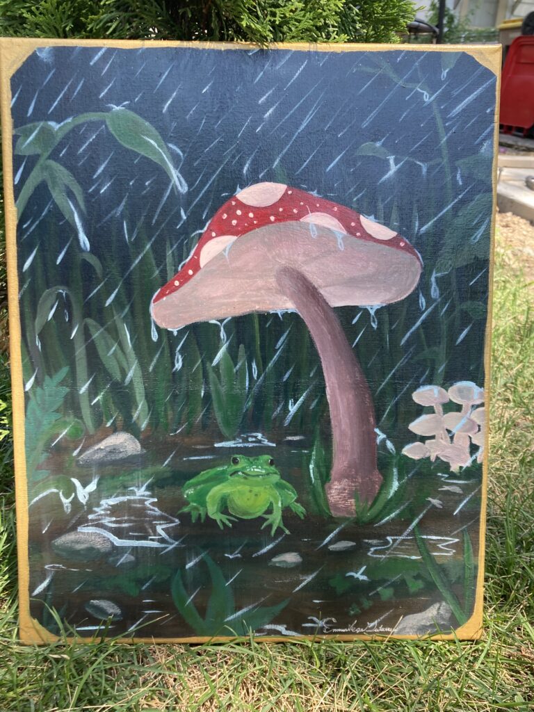 Painting of a frog hiding from the rain under a mushroom