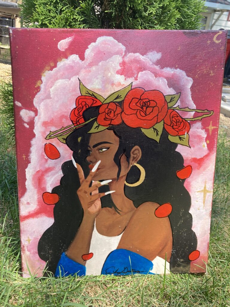 Painting of a women with a rose crown and a background of a red cloud.